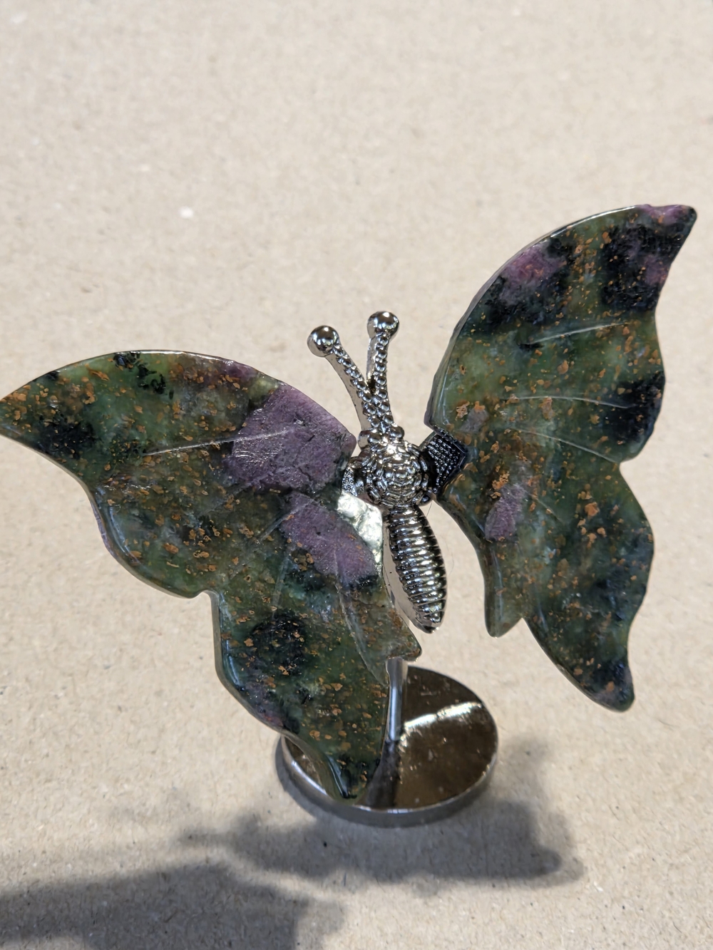 Ruby In Zoisite Crystal Butterfly Wings On Metal Body Stand Decor